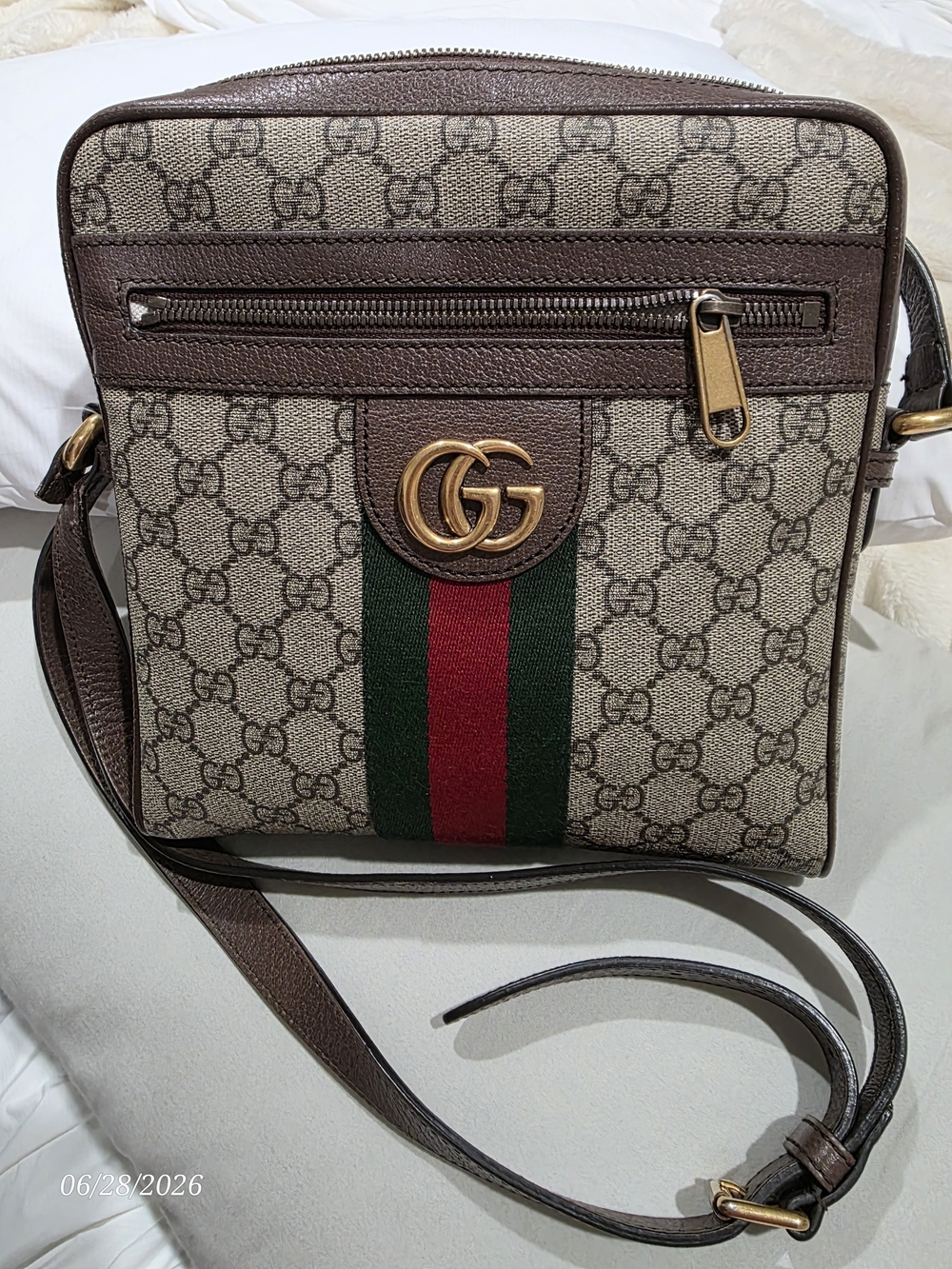 Gucci GG Supreme Canvas Crossbody with Web Stripe - Brown/Tan/Green/Red